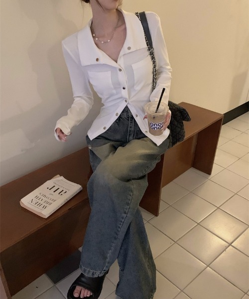 Ritzy(リッツィー)の「ポロニット スリムフィット カーディガン(カーディガン/ボレロ・レディース・グレー/ホワイト・M/L)」の3枚目の写真