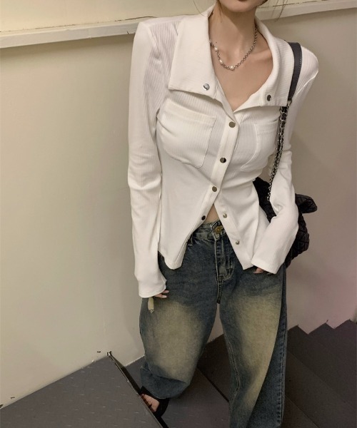 Ritzy(リッツィー)の「ポロニット スリムフィット カーディガン(カーディガン/ボレロ・レディース・グレー/ホワイト・M/L)」の4枚目の写真