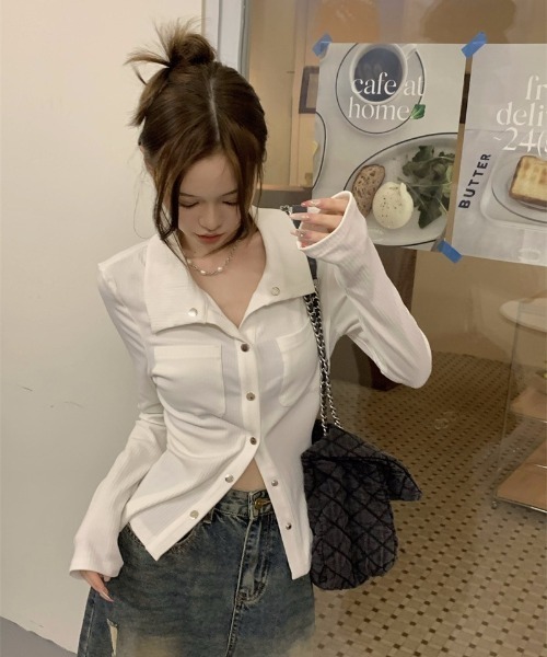 Ritzy(リッツィー)の「ポロニット スリムフィット カーディガン(カーディガン/ボレロ・レディース・グレー/ホワイト・M/L)」の6枚目の写真