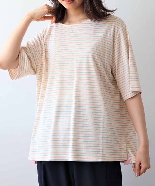 MB mint breeze(エムビーミントブリーズ)の「【L~6L 大きいサイズ】ライトポンチボーダープルオーバー Tシャツ 半袖 春夏(Tシャツ/カットソー・レディース・ブラック/オフホワイト/グリーン・LL/3L/4L/5L/6L)」の1枚目の写真