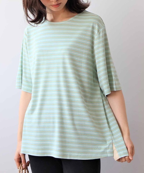 MB mint breeze(エムビーミントブリーズ)の「【L~6L 大きいサイズ】ライトポンチボーダープルオーバー Tシャツ 半袖 春夏(Tシャツ/カットソー・レディース・ブラック/オフホワイト/グリーン・LL/3L/4L/5L/6L)」の3枚目の写真