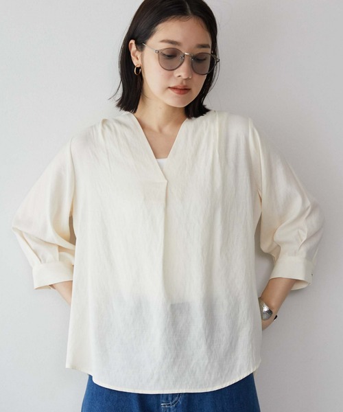 ウォッシャブルリネンライクＶ開きタックブラウス ウォッシャブルリネンライクV開きタックブラウス(F IVORY