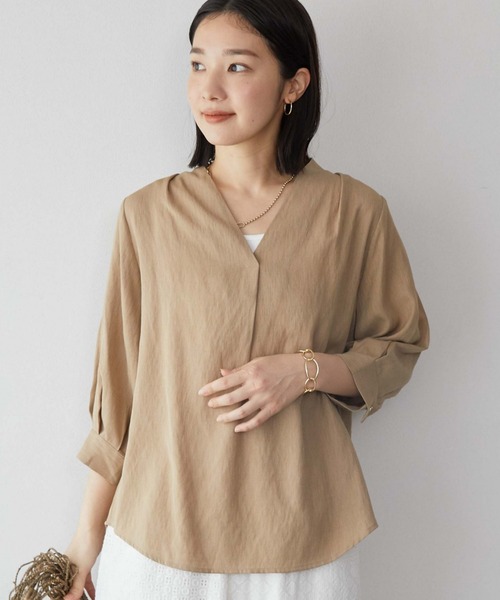 ドゥ アルシーヴ DOUX ARCHIVES European Flax リネンシャツ （BEG） セール】ウォッシャブルリネンライクV開きタックブラウス
