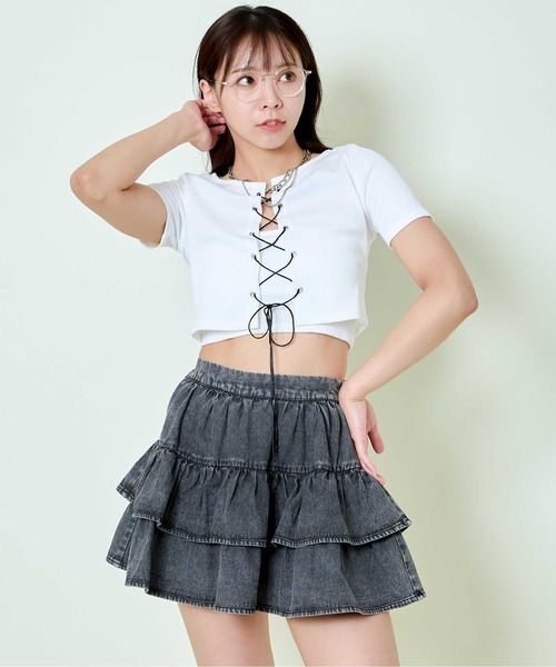 GORGE(ゴージ)の「《レースアップ×アンサンブル風》レディース 半袖トップス クロップド丈 春夏秋(Tシャツ/カットソー・レディース・オフホワイト/ブラック/チャコール・F)」の6枚目の写真