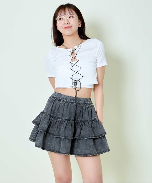 GORGE(ゴージ)の「《レースアップ×アンサンブル風》レディース 半袖トップス クロップド丈 春夏秋(Tシャツ/カットソー・レディース・オフホワイト/ブラック/チャコール・F)」の7枚目の写真