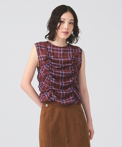 Ray BEAMS（レイビームス）の「チェック ギャザー ノースリーブ ブラウス（シャツ/ブラウス・レディース・ワイン/シルバー・ONE SIZE）」の2枚目の写真