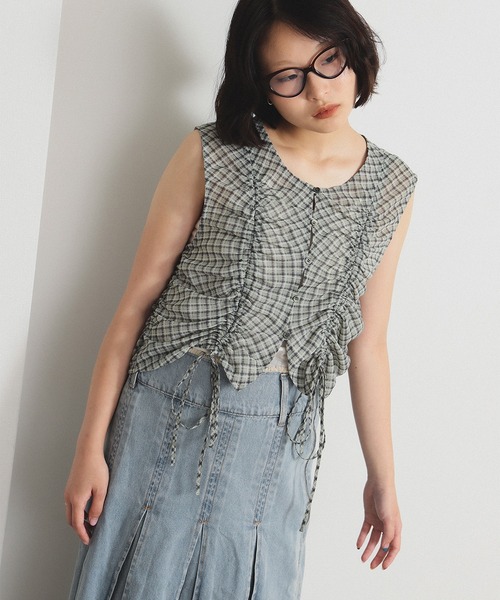 Ray BEAMS（レイビームス）の「チェック ギャザー ノースリーブ ブラウス（シャツ/ブラウス・レディース・ワイン/シルバー・ONE SIZE）」の20枚目の写真