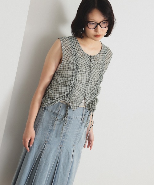 Ray BEAMS（レイビームス）の「チェック ギャザー ノースリーブ ブラウス（シャツ/ブラウス・レディース・ワイン/シルバー・ONE SIZE）」の21枚目の写真