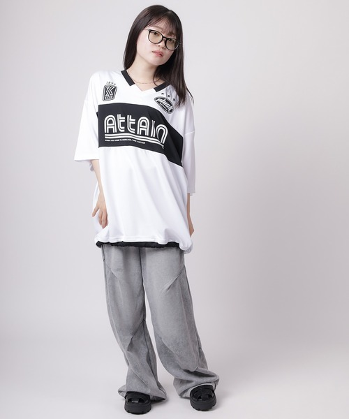 SlashDate(スラッシュデイト)の「【84】ユニフォームデザイン カットメッシュ 切替 Vネック 半袖Tシャツ ゲームシャツ オーバーサイズ(Tシャツ/カットソー・メンズ・ブラック/グレー/ホワイト・M/L)」の18枚目の写真