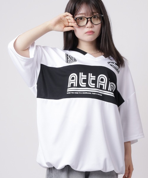 SlashDate(スラッシュデイト)の「【84】ユニフォームデザイン カットメッシュ 切替 Vネック 半袖Tシャツ ゲームシャツ オーバーサイズ(Tシャツ/カットソー・メンズ・ブラック/グレー/ホワイト・M/L)」の13枚目の写真