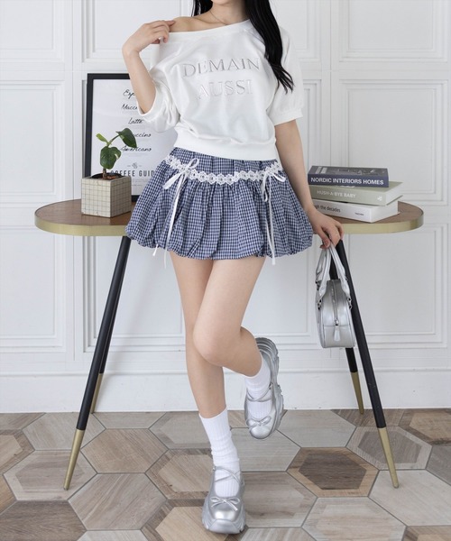 clear（クリア）の「チェック柄バルーンミニスカート[着回し力抜群 ガーリー ショート丈]（スカート・レディース・ネイビー/ブラック・F）」の4枚目の写真