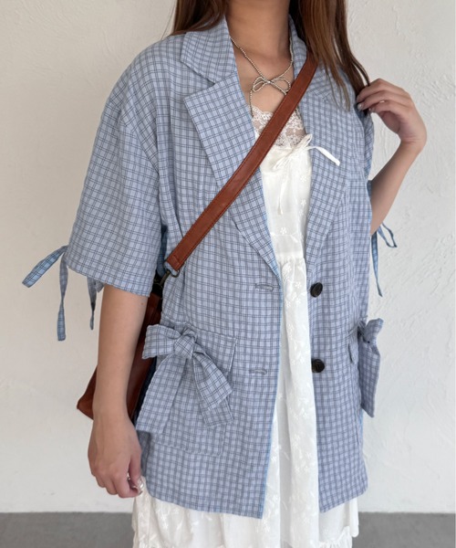 kutir（クティール）の「半袖シアサッカーリボンサマージャケット（テーラードジャケット・レディース・ベージュ/ブラック/ライトブルー・FREE）」の19枚目の写真