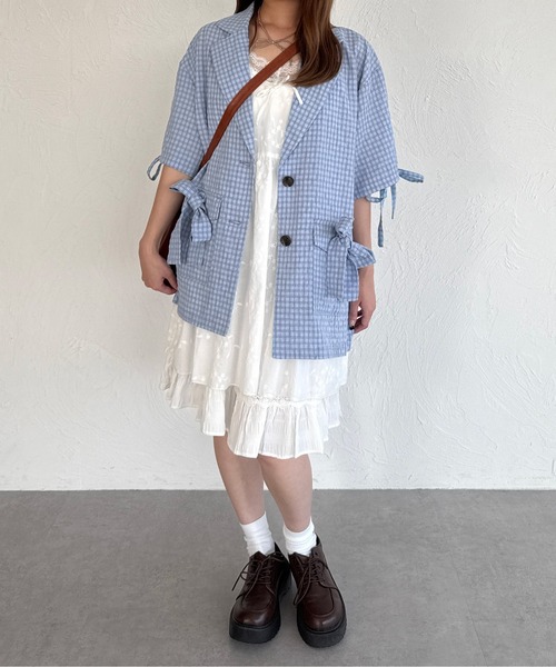 kutir（クティール）の「半袖シアサッカーリボンサマージャケット（テーラードジャケット・レディース・ベージュ/ブラック/ライトブルー・FREE）」の22枚目の写真