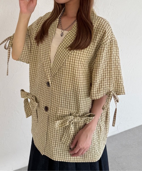 kutir（クティール）の「半袖シアサッカーリボンサマージャケット（テーラードジャケット・レディース・ベージュ/ブラック/ライトブルー・FREE）」の12枚目の写真