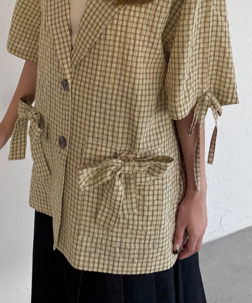 kutir（クティール）の「半袖シアサッカーリボンサマージャケット（テーラードジャケット・レディース・ベージュ/ブラック/ライトブルー・FREE）」の14枚目の写真