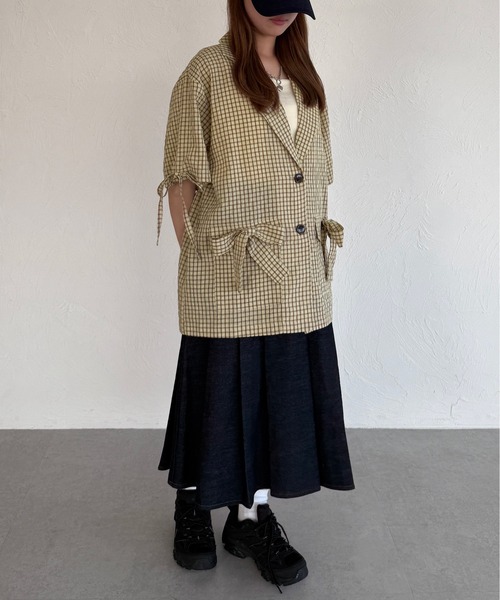 kutir（クティール）の「半袖シアサッカーリボンサマージャケット（テーラードジャケット・レディース・ベージュ/ブラック/ライトブルー・FREE）」の15枚目の写真