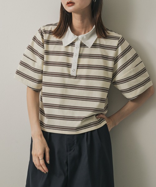 SENSE OF PLACE by URBAN RESEARCH（センスオブプレイスバイアーバンリサーチ）の「マルチボーダーカットポロシャツ（ポロシャツ・レディース・ブラック系その他/オレンジ/ホワイト系その他・ONE）」の2枚目の写真