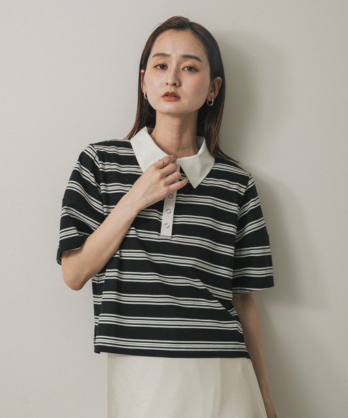 SENSE OF PLACE by URBAN RESEARCH（センスオブプレイスバイアーバンリサーチ）の「マルチボーダーカットポロシャツ（ポロシャツ・レディース・ブラック系その他/オレンジ/ホワイト系その他・ONE）」の4枚目の写真