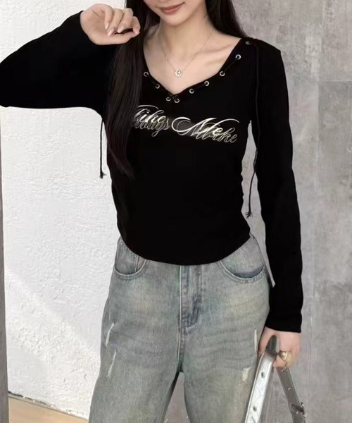 SpRay(スプレイ)の「ロゴスピンドルロンT(Tシャツ/カットソー・レディース・ホワイト/ブラック/アイボリー/ブラウン/ボルドー・FREE)」の6枚目の写真