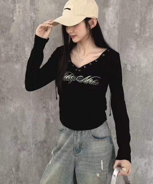 SpRay(スプレイ)の「ロゴスピンドルロンT(Tシャツ/カットソー・レディース・ホワイト/ブラック/アイボリー/ブラウン/ボルドー・FREE)」の7枚目の写真