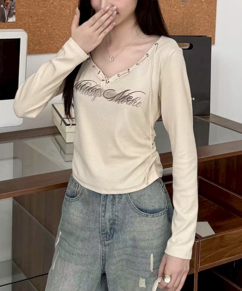 SpRay(スプレイ)の「ロゴスピンドルロンT(Tシャツ/カットソー・レディース・ホワイト/ブラック/アイボリー/ブラウン/ボルドー・FREE)」の9枚目の写真