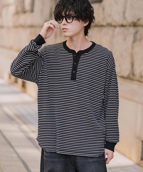 新色追加 オーバーサイズ T/Cワッフルヘンリーネック長袖Tシャツ（T