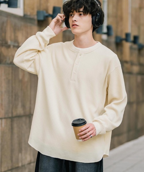 オーバーサイズ T/Cワッフルヘンリーネック長袖Tシャツ（Tシャツ