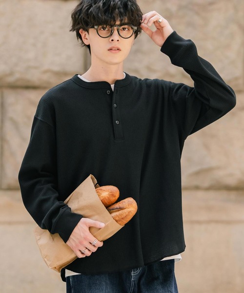 オーバーサイズ T/Cワッフルヘンリーネック長袖Tシャツ（Tシャツ