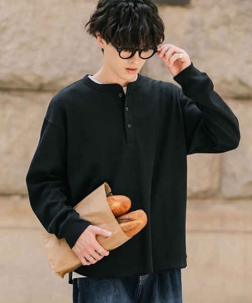 オーバーサイズ T/Cワッフルヘンリーネック長袖Tシャツ（Tシャツ