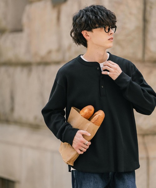 オーバーサイズ T/Cワッフルヘンリーネック長袖Tシャツ（Tシャツ