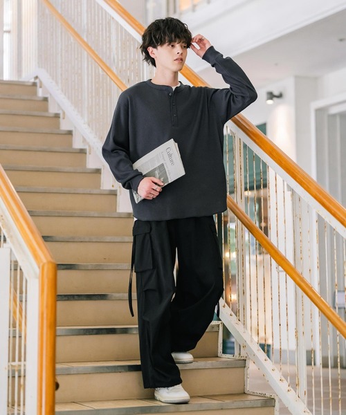 オーバーサイズ T/Cワッフルヘンリーネック長袖Tシャツ（Tシャツ