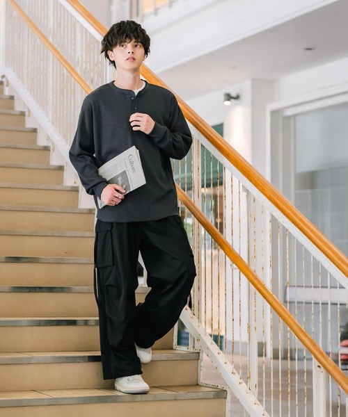 オーバーサイズ T/Cワッフルヘンリーネック長袖Tシャツ（Tシャツ