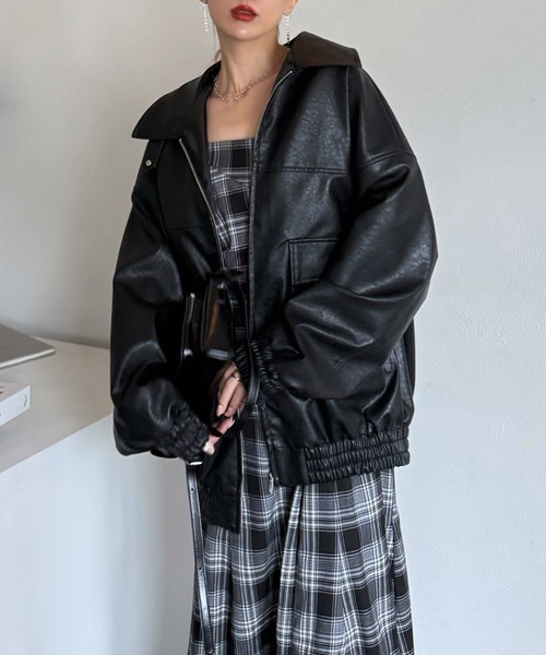 ROYAL PARTY(ロイヤルパーティー)の「フェイクビンテージレザー2wayジャケット(ライダースジャケット・レディース・ブラック/ブラウン・FREE)」の1枚目の写真