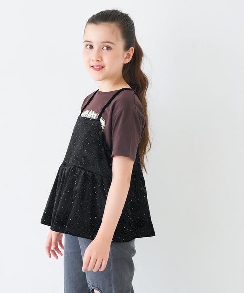 coca（coca）（コカ）の「キッズ　親子お揃いラインストーンベロアキャミソール（キャミソール・キッズ・ブラック・150/140/130/120）」の2枚目の写真