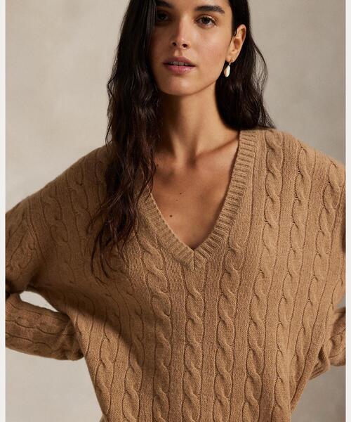 Polo Ralph Lauren ベージュ Vネック カシミヤニット ケーブル ウールカシミヤ Vネック セーター ドレス（ワンピース