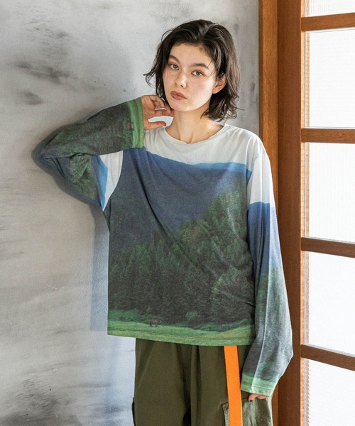 niko and...（ニコアンド）の「ランドスケープロングTシャツ（Tシャツ/カットソー・レディース・ライトブルー/ベージュ/グリーン・FREE）」の5枚目の写真