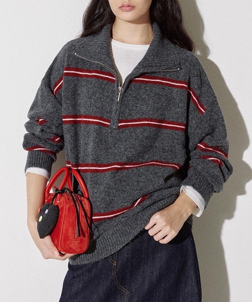 セール】ボーダー柄 ハーフジップ ウールニットトップス