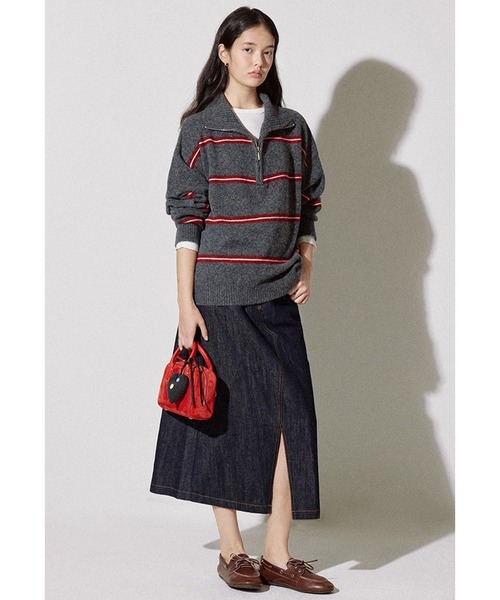 セール】ボーダー柄 ハーフジップ ウールニットトップス