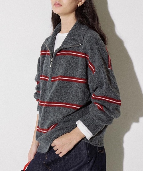 ボーダー柄 ハーフジップ ウールニットトップス FQ25S176【Fano