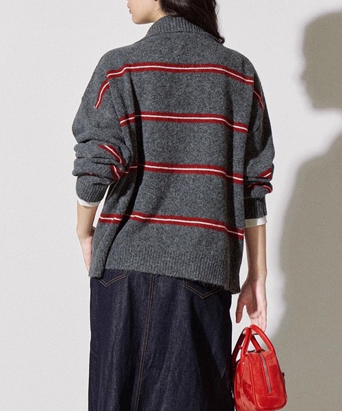 セール】ボーダー柄 ハーフジップ ウールニットトップス