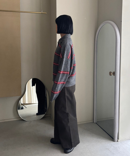 セール】ボーダー柄 ハーフジップ ウールニットトップス