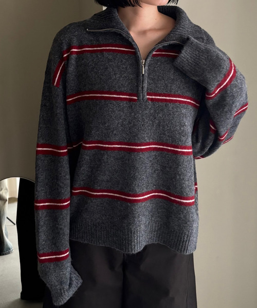 ボーダー柄 ハーフジップ ウールニットトップス FQ25S176【Fano Studios】【2025AW】