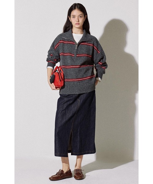 セール】ボーダー柄 ハーフジップ ウールニットトップス FQ25S176