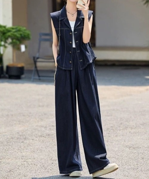 FAVORITO(ファヴォリート)の「ベルト付きデニムセットアップ(セットアップ・レディース・ダークブルー・S/M/L/XL)」の4枚目の写真