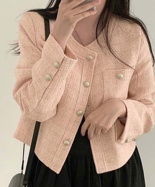 FREE STYLISTS(フリー スタイリスト)の「YUGA_YGMCTweed-style button jacket(ノーカラージャケット・レディース・ベビーピンク/オフホワイト/ブルー・FREE)」の3枚目の写真