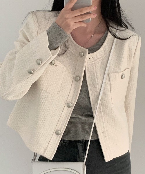 FREE STYLISTS(フリー スタイリスト)の「YUGA_YGMCTweed-style button jacket(ノーカラージャケット・レディース・ベビーピンク/オフホワイト/ブルー・FREE)」の1枚目の写真