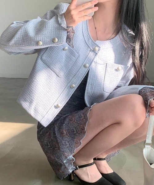 FREE STYLISTS(フリー スタイリスト)の「YUGA_YGMCTweed-style button jacket(ノーカラージャケット・レディース・ベビーピンク/オフホワイト/ブルー・FREE)」の2枚目の写真