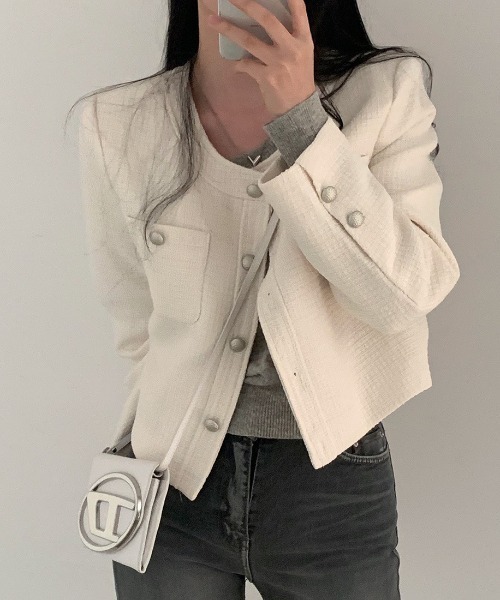 FREE STYLISTS(フリー スタイリスト)の「YUGA_YGMCTweed-style button jacket(ノーカラージャケット・レディース・ベビーピンク/オフホワイト/ブルー・FREE)」の12枚目の写真