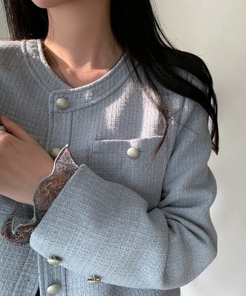FREE STYLISTS(フリー スタイリスト)の「YUGA_YGMCTweed-style button jacket(ノーカラージャケット・レディース・ベビーピンク/オフホワイト/ブルー・FREE)」の20枚目の写真