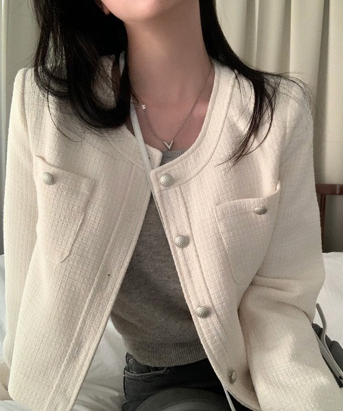 FREE STYLISTS(フリー スタイリスト)の「YUGA_YGMCTweed-style button jacket(ノーカラージャケット・レディース・ベビーピンク/オフホワイト/ブルー・FREE)」の11枚目の写真